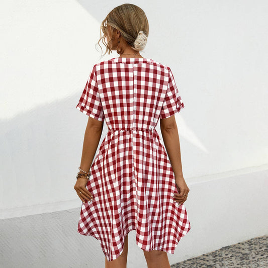 V-NECK PLAID IRREGULAR DRESS