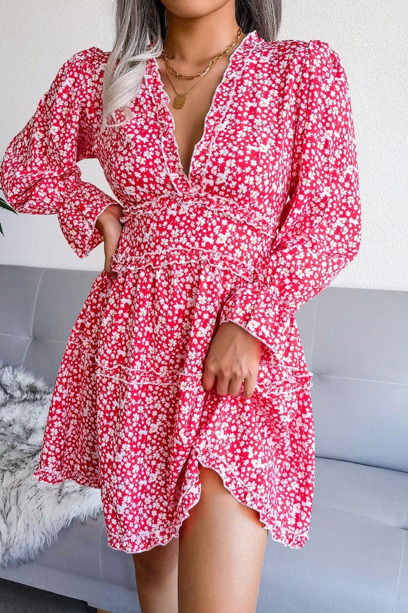 SEXY V NECK FLORAL LONG SLEEVE CHIFFON DRESS_CWDSD2502