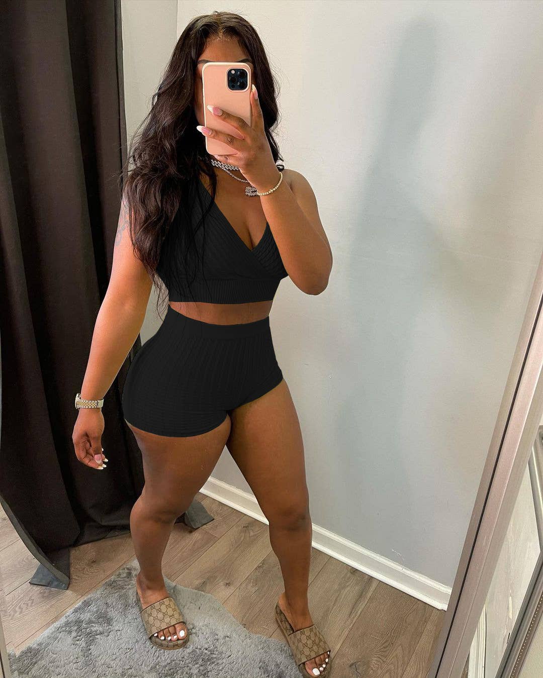 Trendy solid ribbed bubble knit tank & shorts set