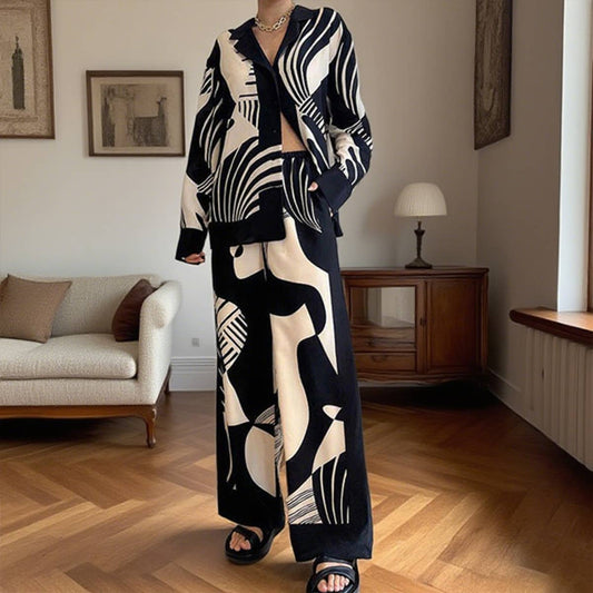 Printed long-sleeved lapel casual fashion set