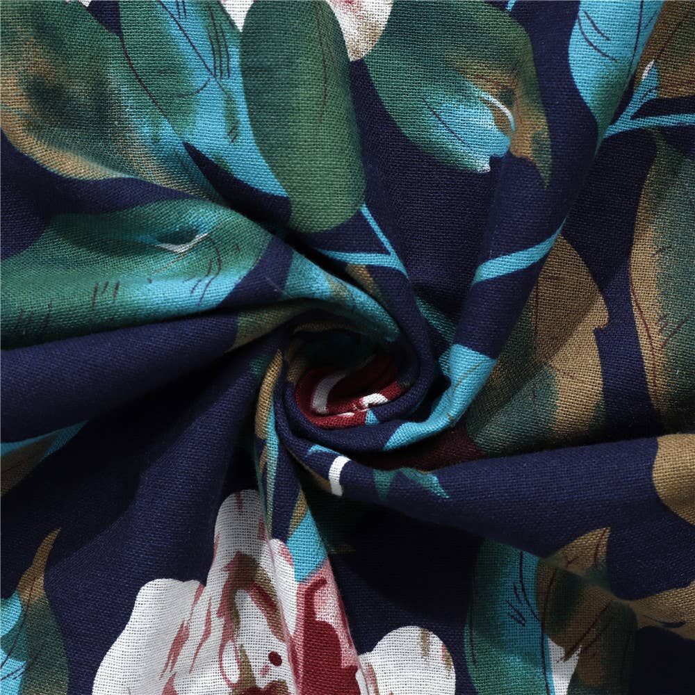 SHORT SLEEVE COTTON AND LINEN FLORAL PRINT DRESS