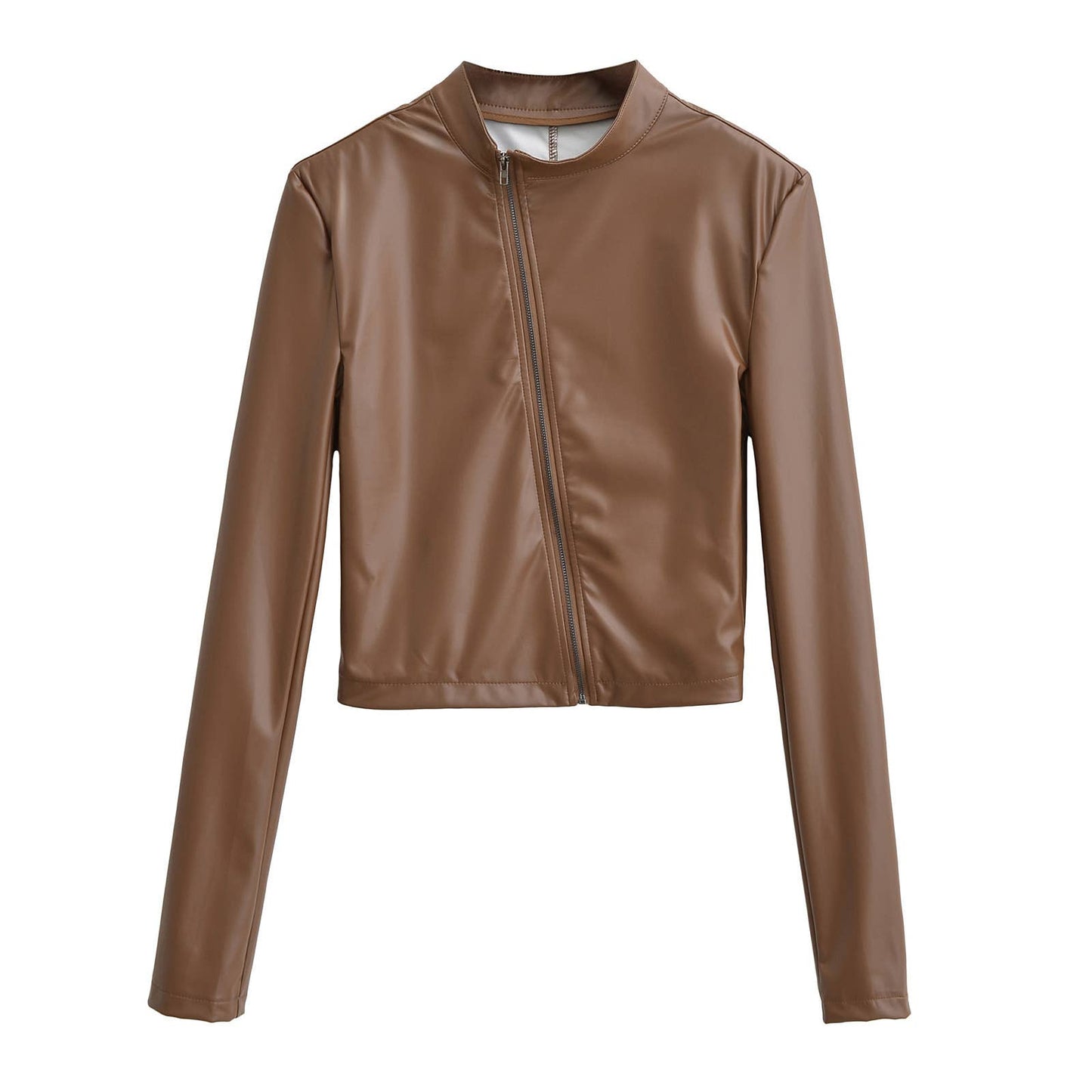 Stand-up collar slanted zipper leather jacket