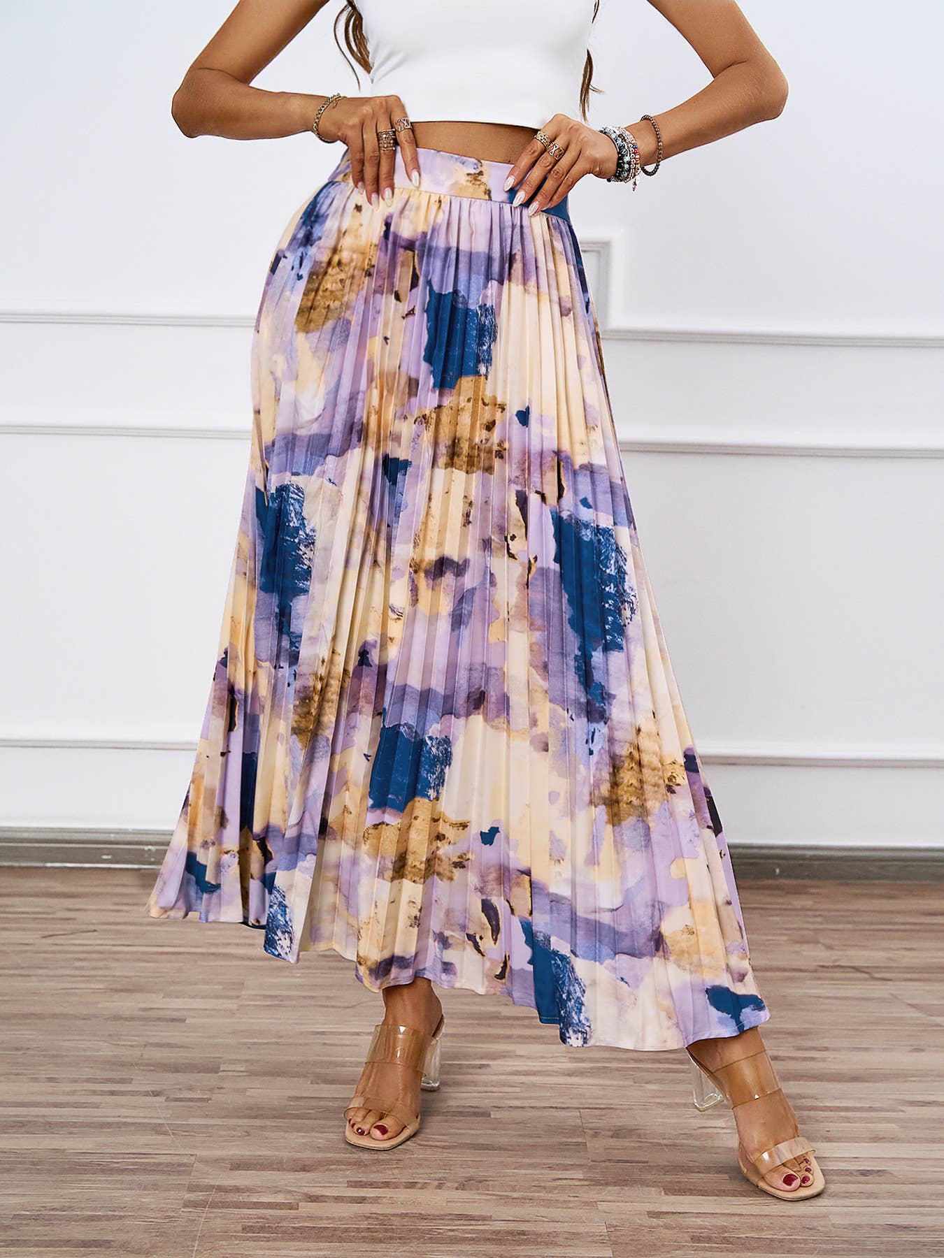 HIGH SENSE OIL PAINTING PRINTED PLEATED SKIRT