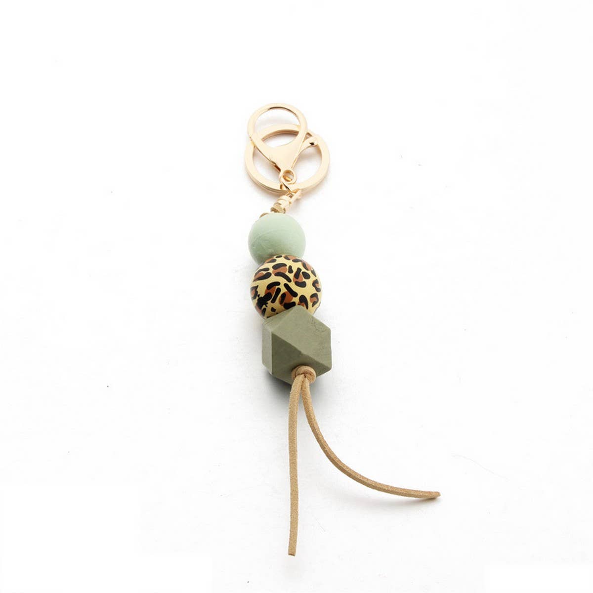 Leopard Wood Bead Keychain with Mini Tassel