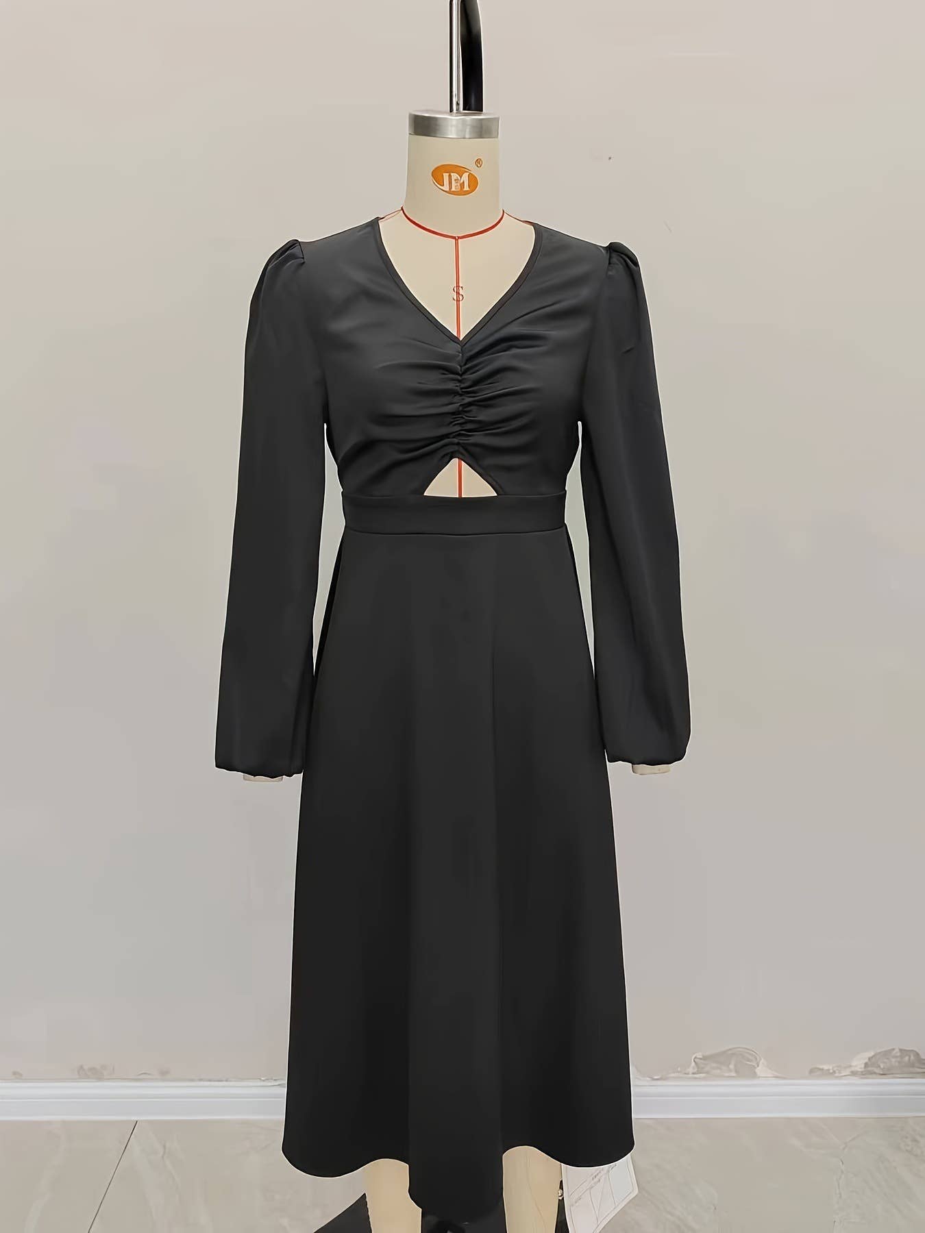 V-neck pleated ripped long-sleeved satin dress