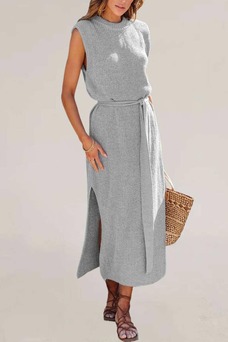 CWDMD2089_CREW NECK SLEEVELESS LACE-UP DRESS WITH SLIT