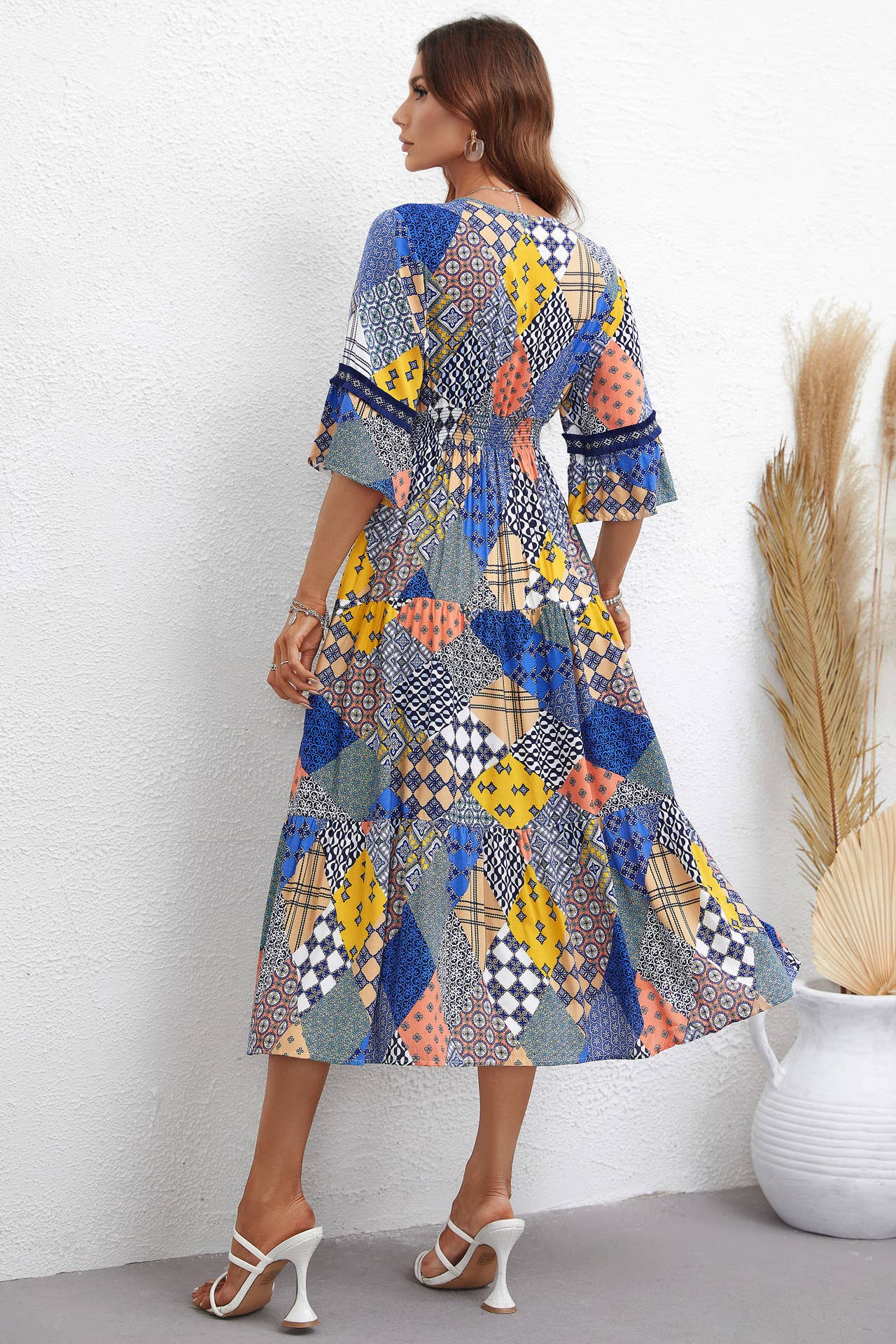 ETHNIC STYLE PRINT PLAID FASHION LONG DRESS