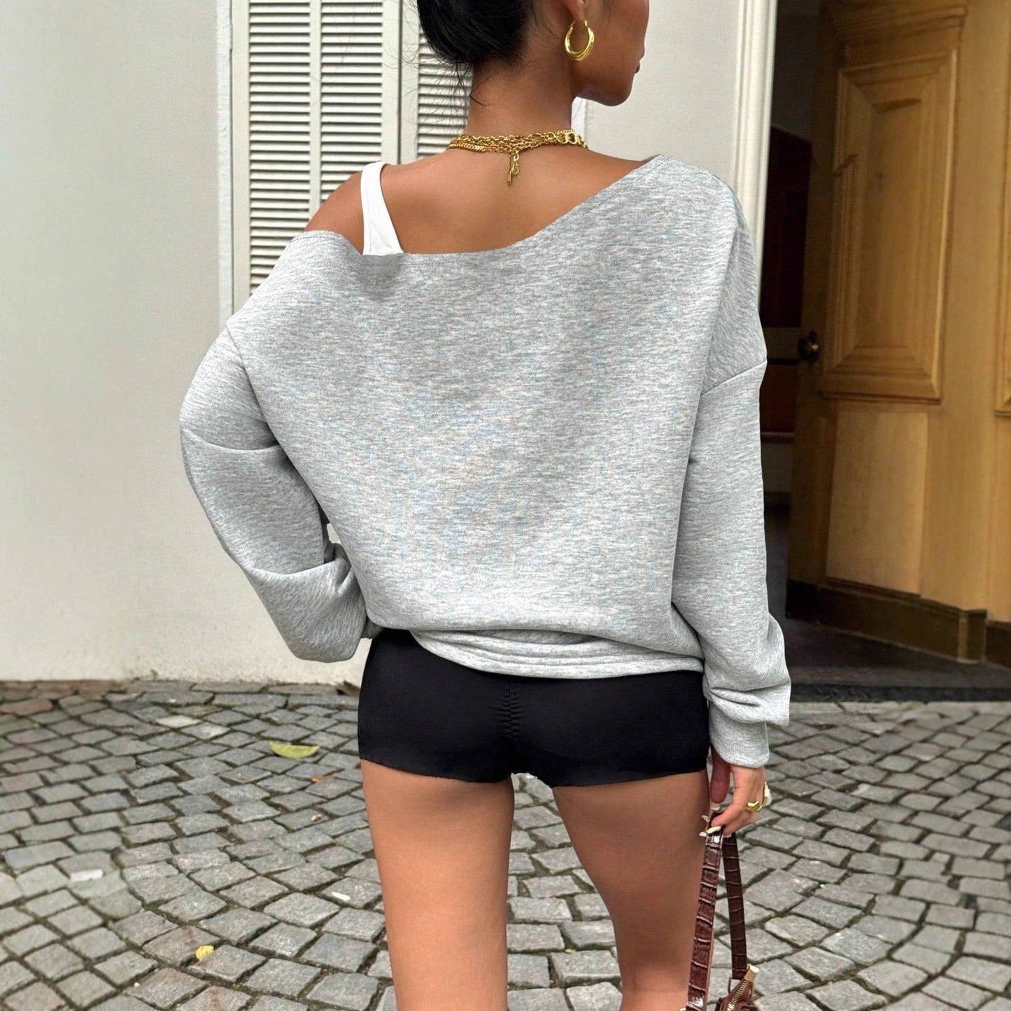 Letter-printed off-the-shoulder loose hoodie