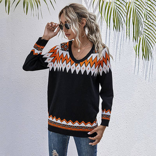 V-neck loose casual contrasting color sweater