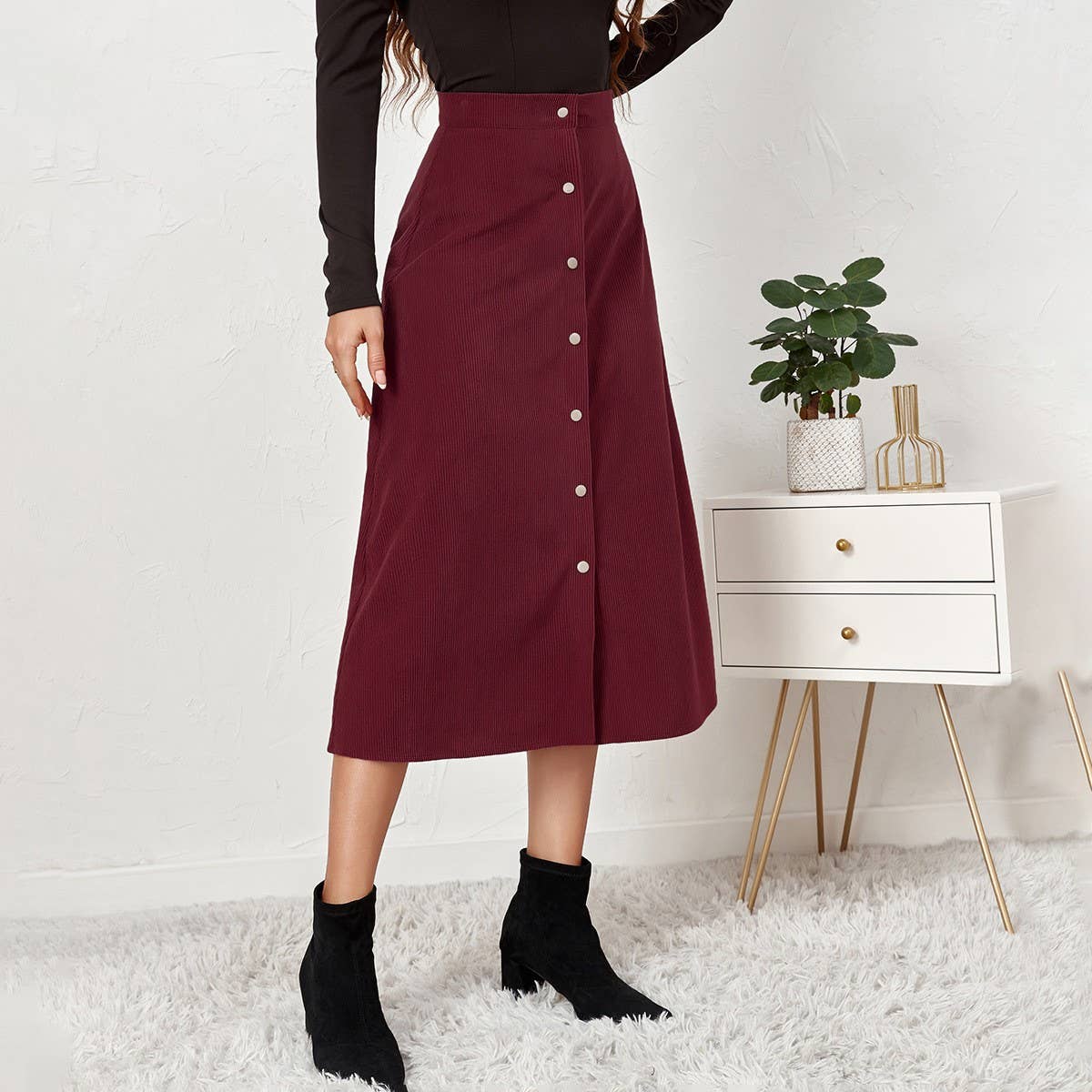CORDUROY SKIRT SINGLE BREASTED HIGH WAISTLONGSKIRT