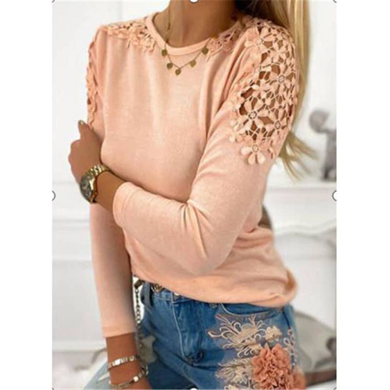 SOLID COLOR SLIM LACE HOLLOW-OUT LONG SLEEVE TOP
