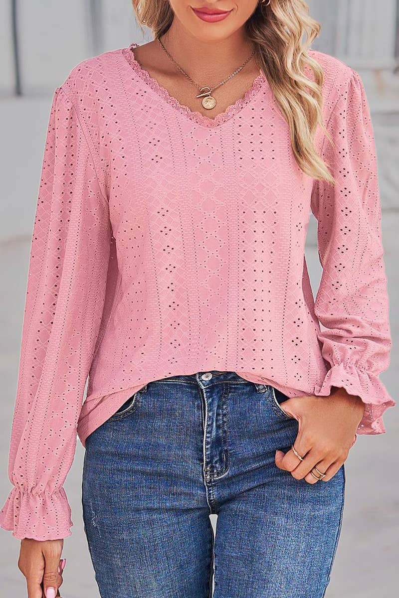 WOMEN LACE TRIM NECK EYELET LONG SLEEVE SHIRT TOP_CWTSTL0301