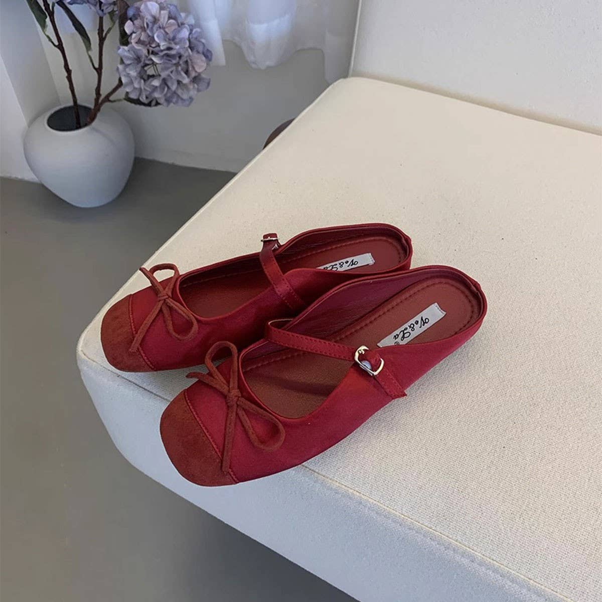 Red Ballet Mary Jane Mules with Bow for Women_CWSHF0089