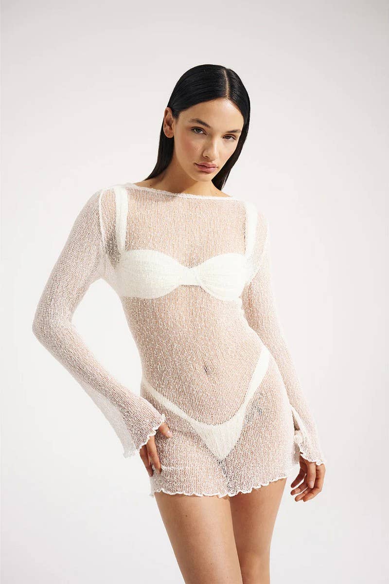 CWDSD6407_LONG SLEEVE SHEER BACKLESS SHORT KNIT DRESS