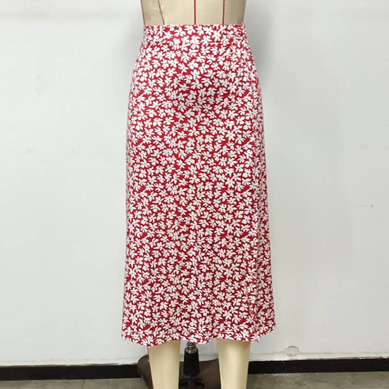 Floral print high waist slit long A-line skirt