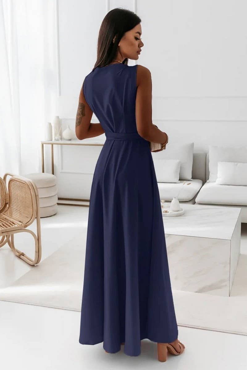 CWDMD6334_TIE WAIST V-NECK EVENING LONG GOWN DRESS