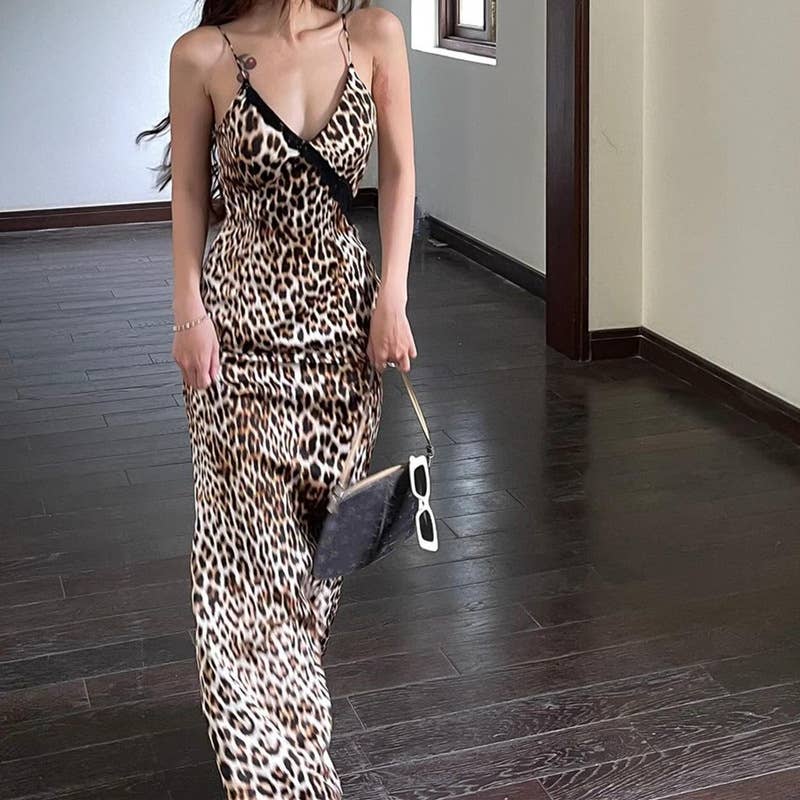 Vintage leopard print sexy bodycon cami dress