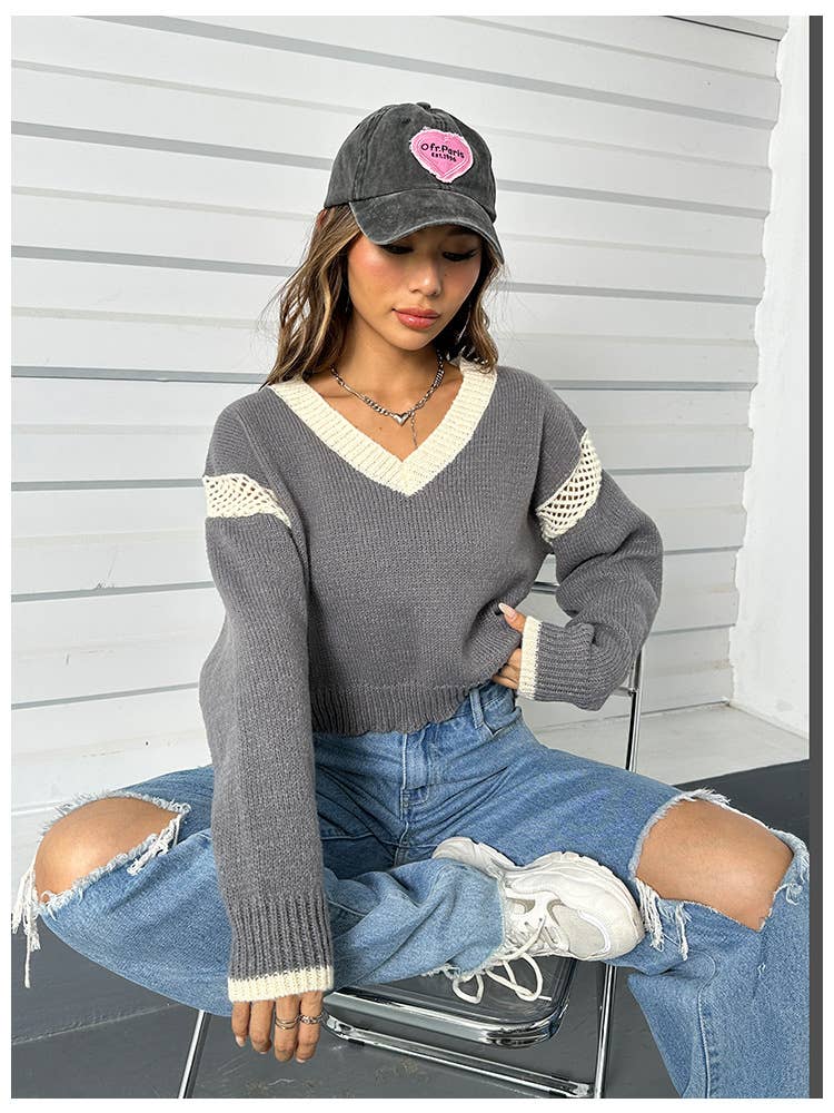 V-NECK LOOSE HOODIE LONG SLEEVE SWEATER