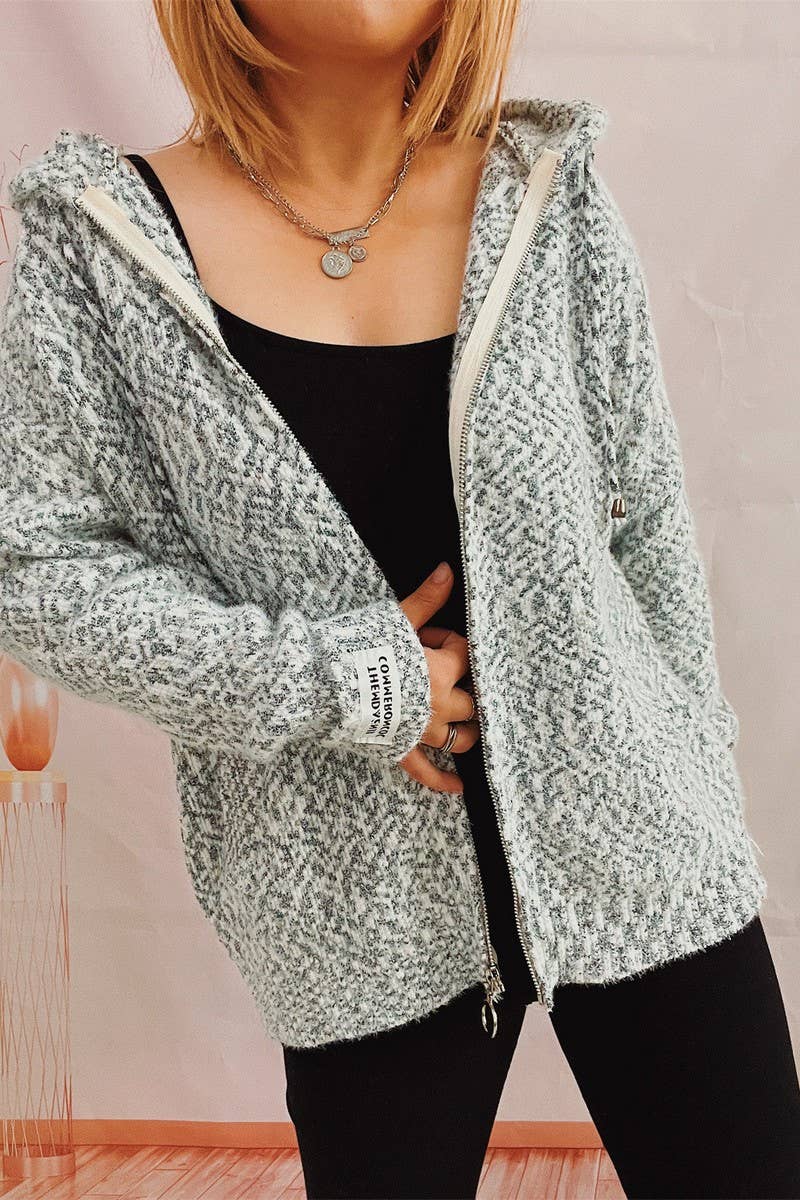 Hooded drawstring zipper pocket knit cardigan