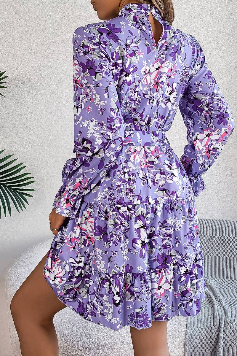 CWDSD6422_FLORAL TURTLENECK LONG SLEEVE PEPLUM DRESS SHORT