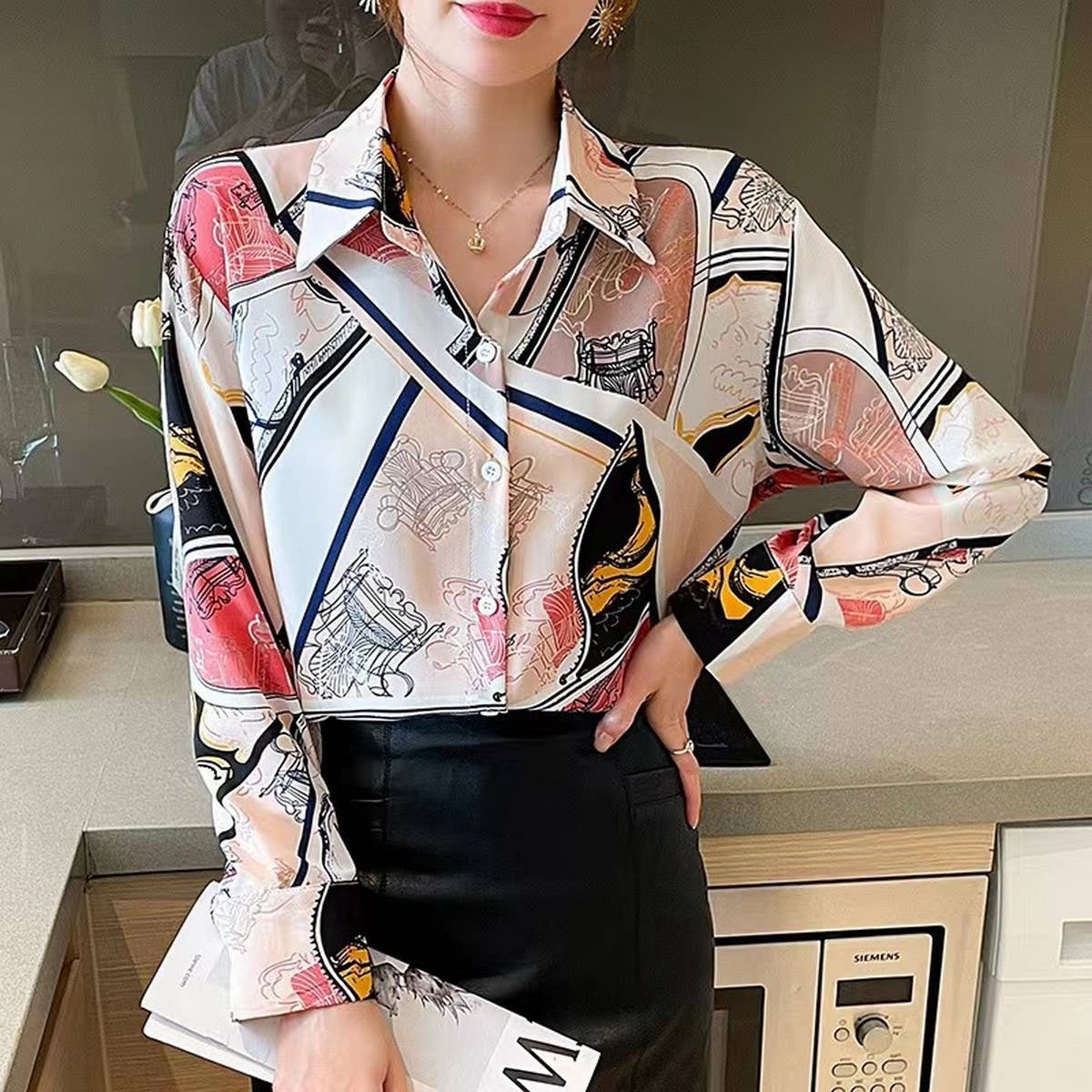 Fashion print loose long-sleeved chiffon shirt