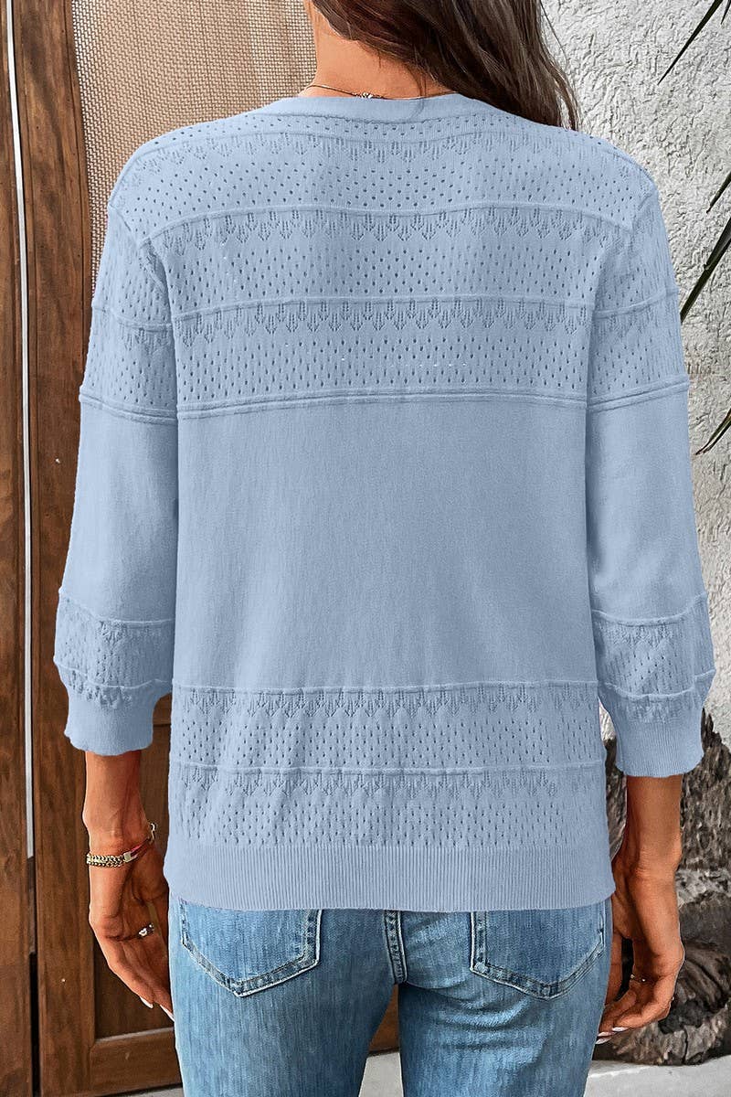 CWOCAL2303_THREE-QUARTER SLEEVE HOLLOW KNIT V-NECK CARDIGAN