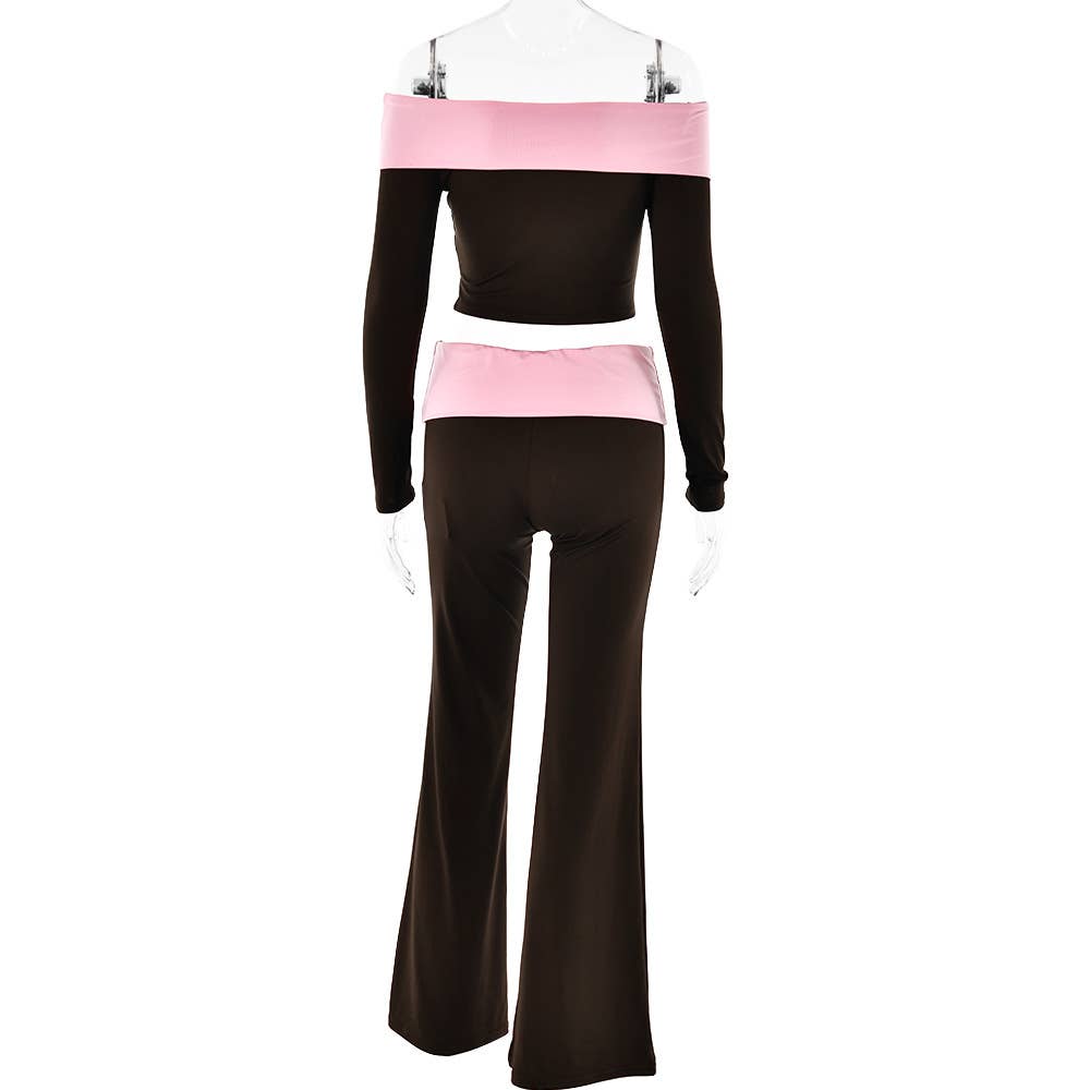 Off-the-shoulder top flared pants suit