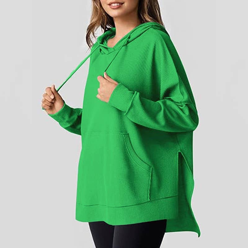 WOMEN'S LONG-SLEEVED WAFFLE POCKET HOODED JUMPER