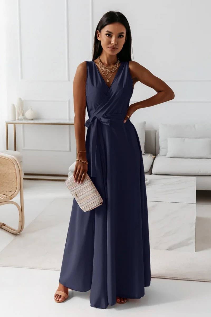 CWDMD4853_LACE-UP V-NECK LONG EVENING GOWN DRESS