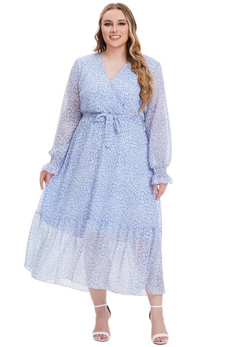 CWDMD3240_PLUS SIZE V NECK LONG SLEEVE FLORAL DRESS