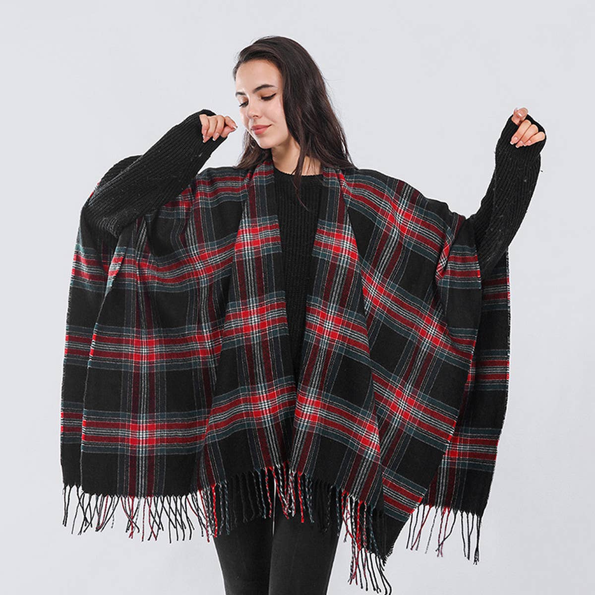 Plaid Faux Cashmere Cape Scarf with Tassels_CWASC0336