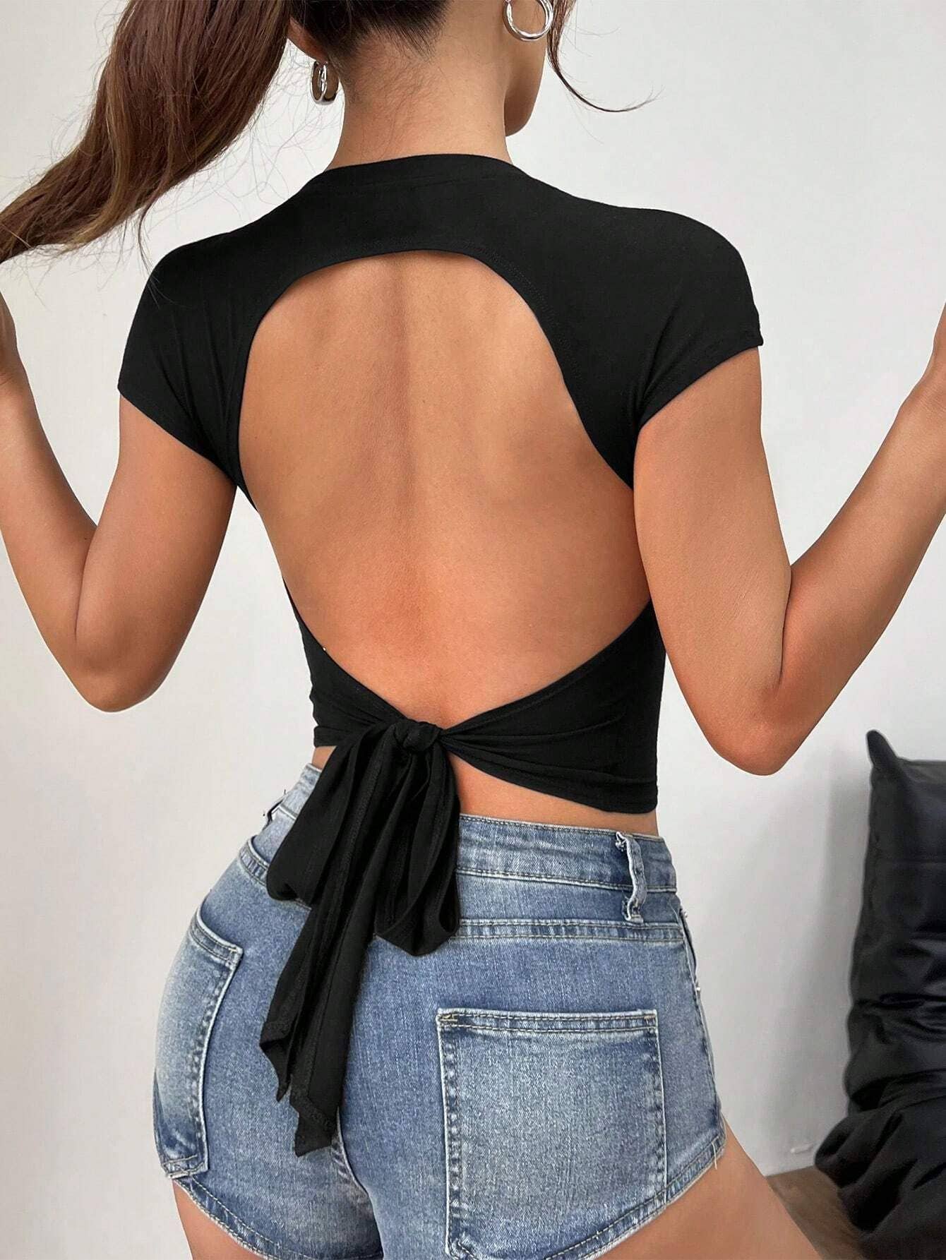 Sexy Hottie slim backless solid color lace-up top