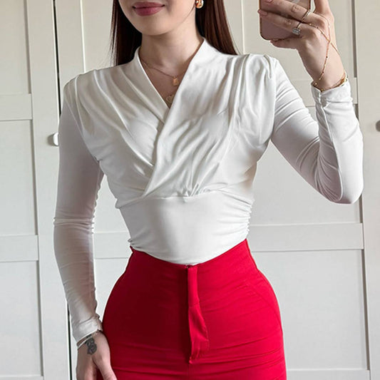 SOLID COLOR CROSS V-NECK PLEATED WAIST T-SHIRT