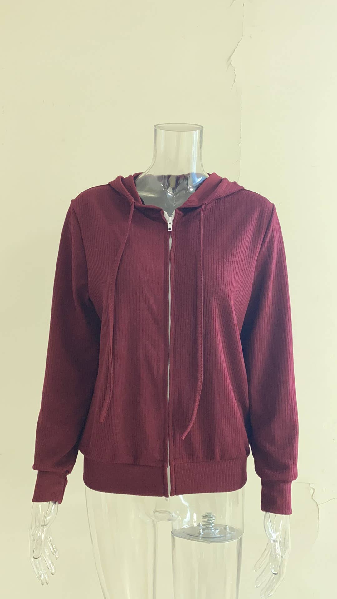 SOLID COLOR KNIT ZIPPER HOODED CARDIGAN COAT