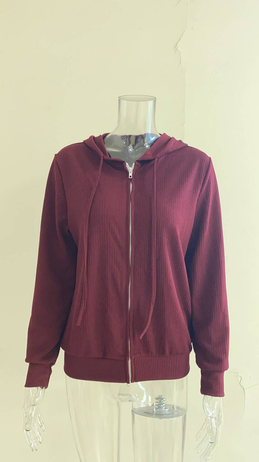 SOLID COLOR KNIT ZIPPER HOODED CARDIGAN COAT