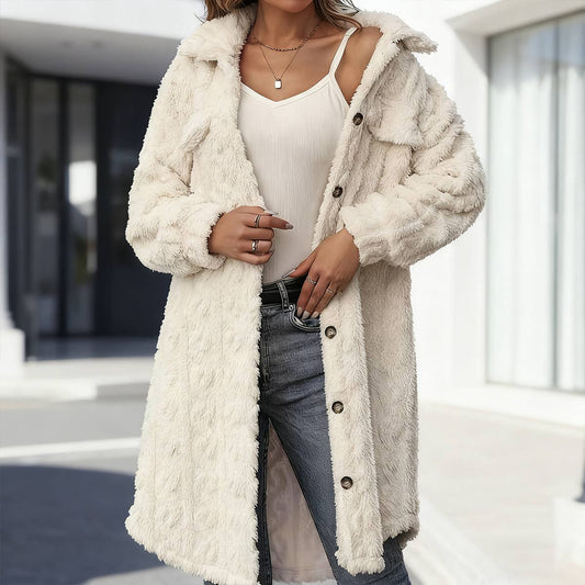 Lapel button double-sided plush long coat
