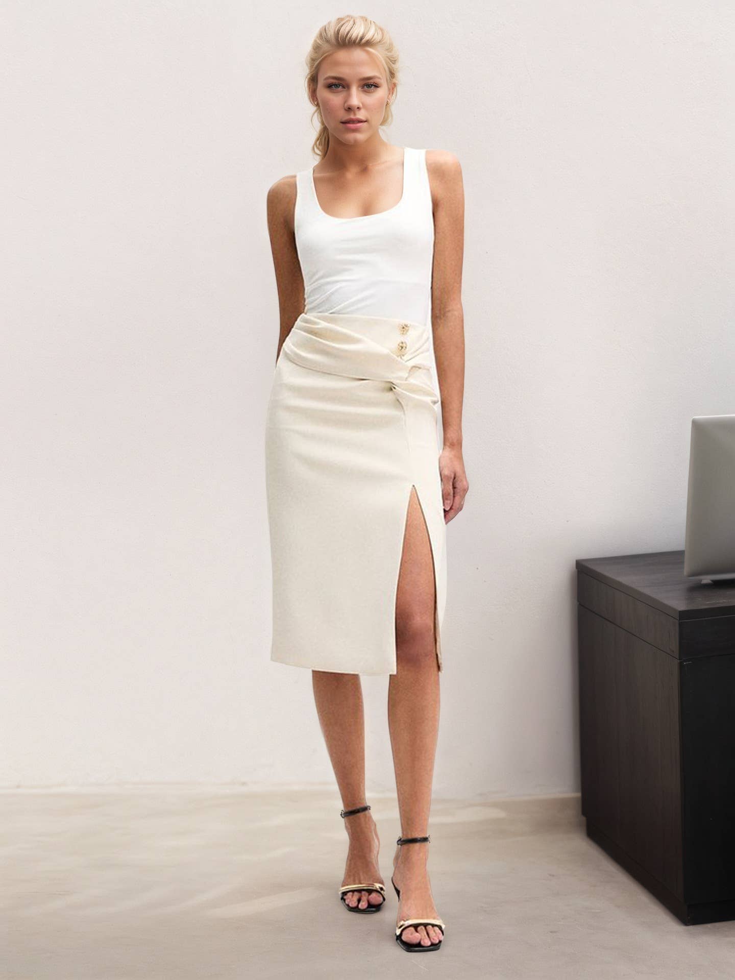 Fashion split button versatile mid-length skirt