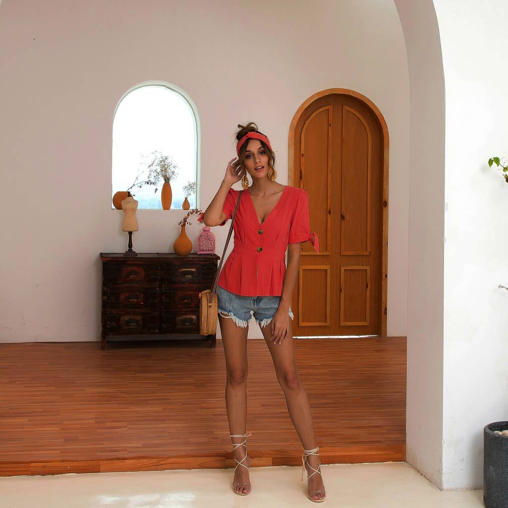 V-NECK STRAP WAIST BUTTON COTTON LINEN BLOUSE