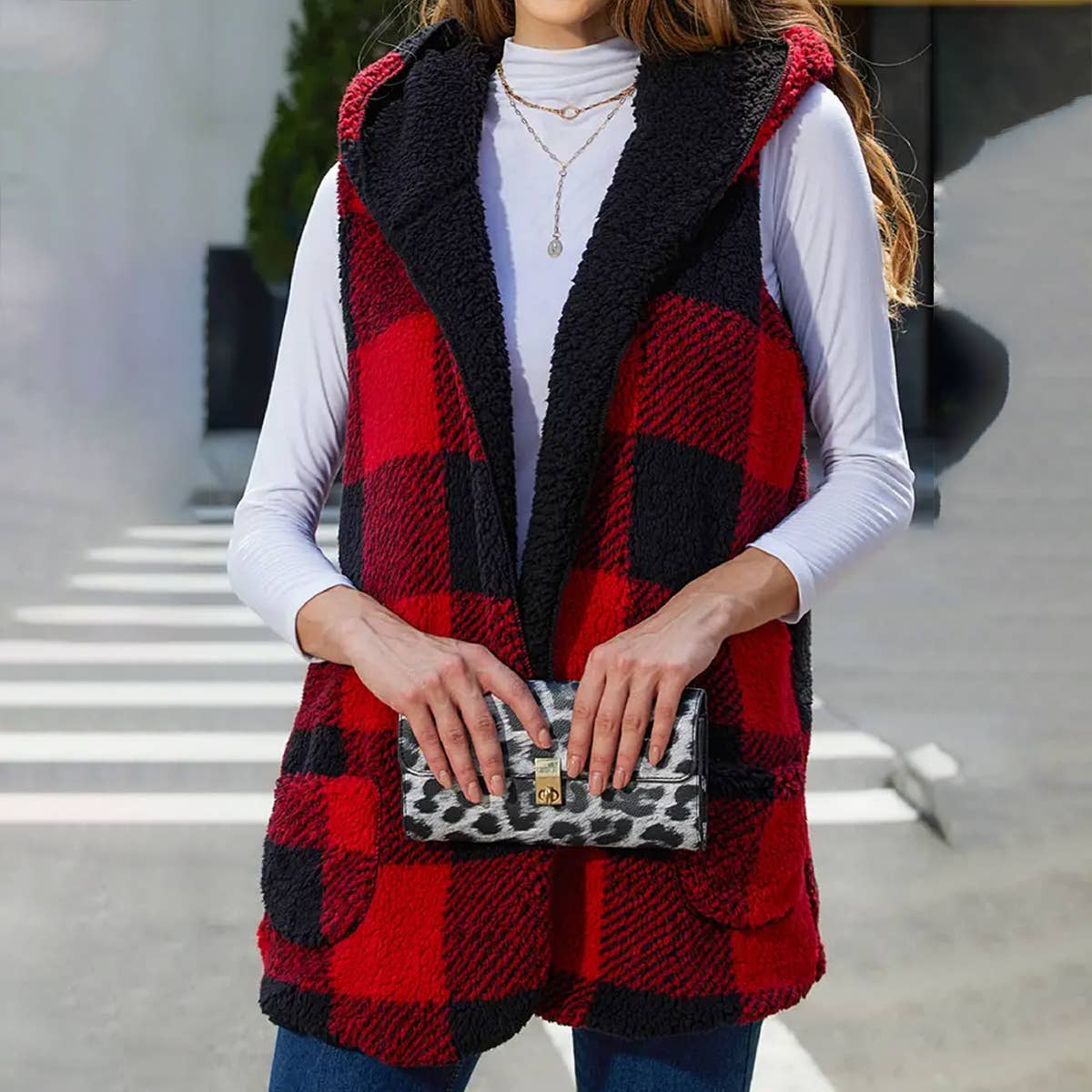 WOMEN FASHION UNBUTTONED PLAID PLUSH VEST_CWOV0086