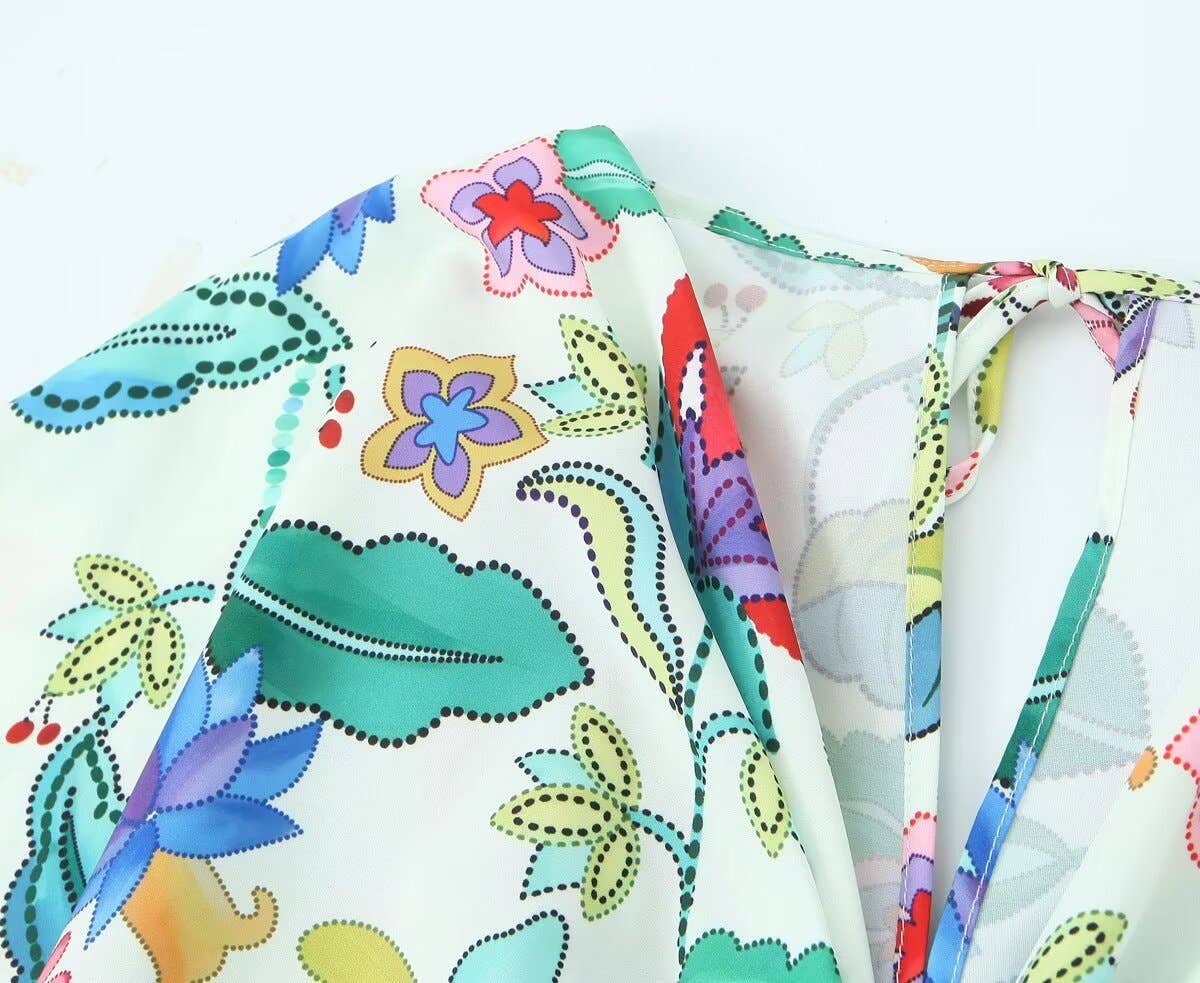 KNOTTED PRINTED LINEN BLEND DRESS