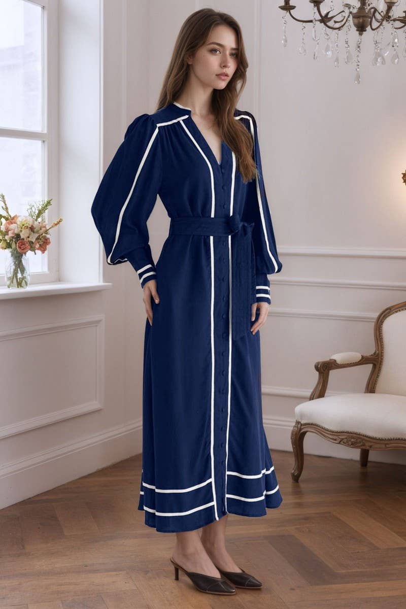 CWDMD6377_VINTAGE STRIPED V-NECK TIE WAIST MAXI DRESS