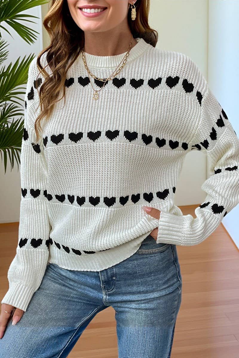 CWOSWL07116_CASUAL PULLOVER LONG SLEEVE HEART KNIT SWEATER