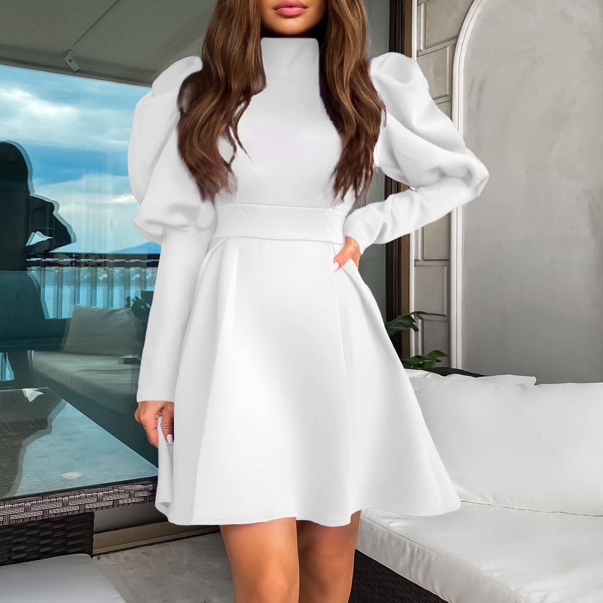 TEMPERAMENT HIGH COLLAR SLIM WAIST A-LINE DRESS