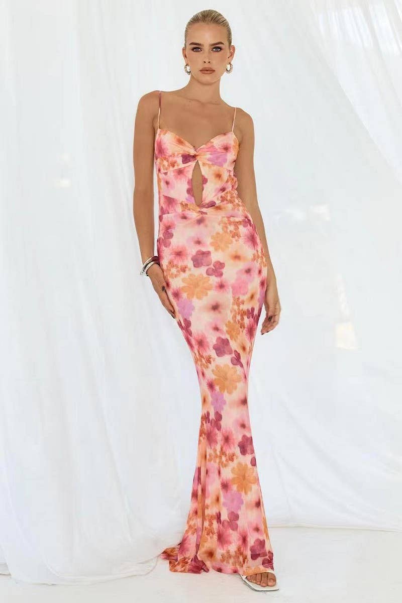 CWDMD5695_SPAGHETTI STRAP FLORAL MESH SEXY MAXI DRESS