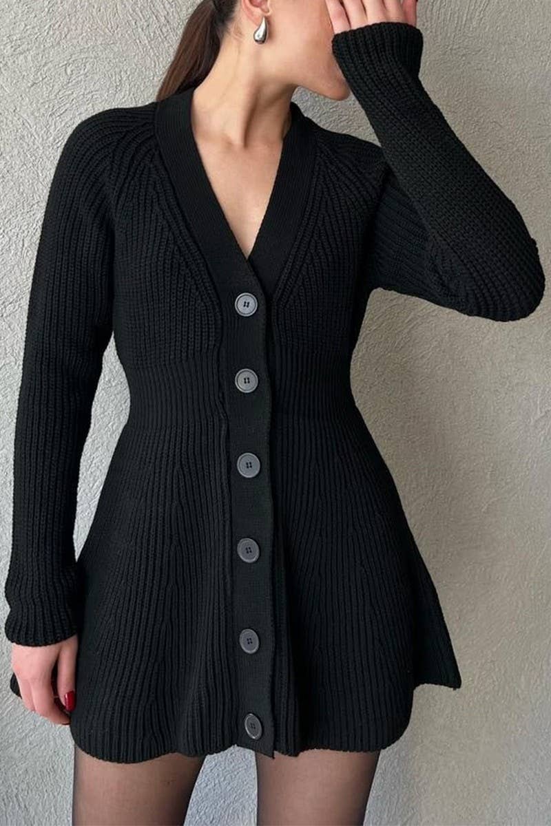 CWDSD10835_V-NECK SOLID LONG SLEEVE SWEATER DRESS