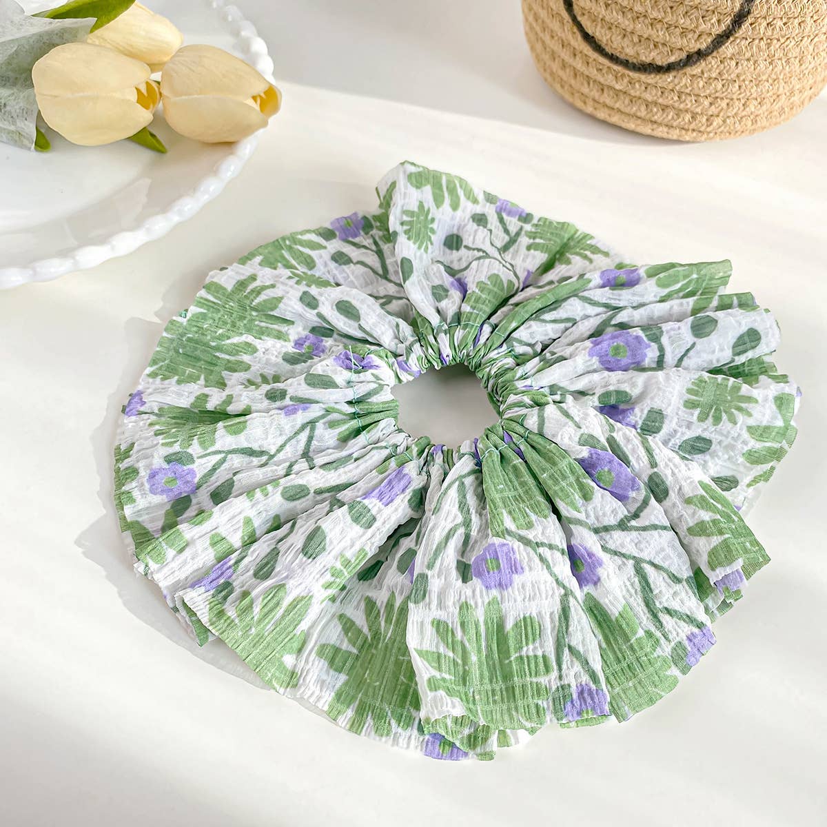 Large pleated floral intestine style hair ties
