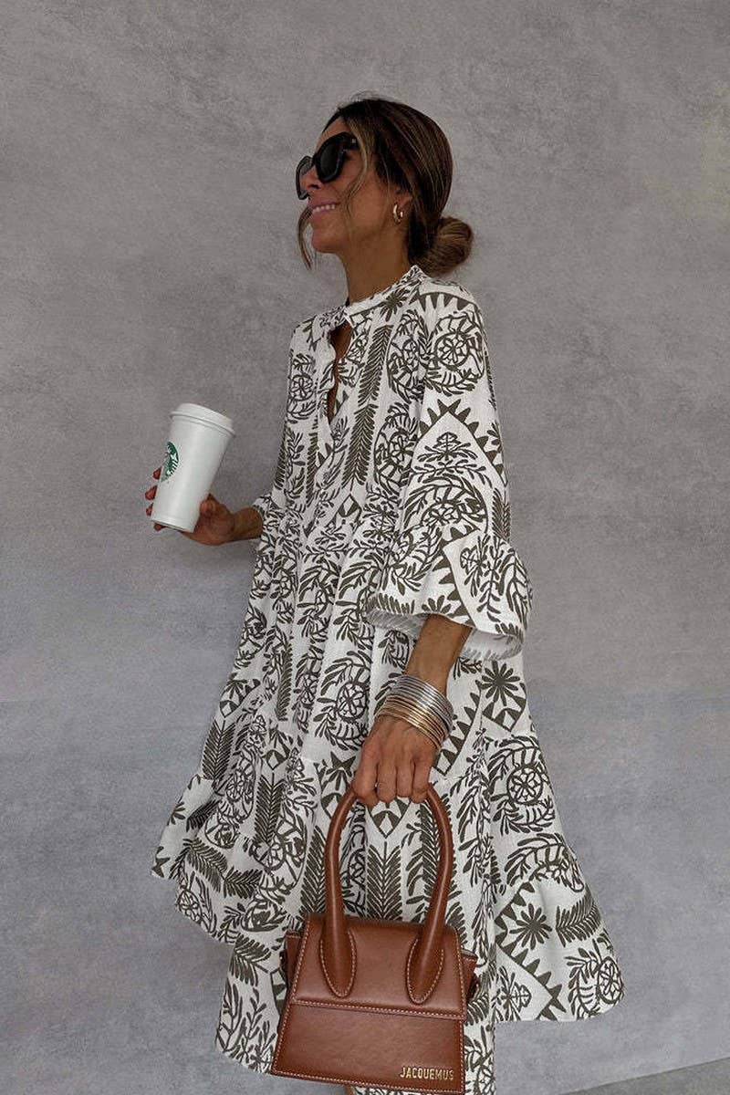 CWDMD5844_CASUAL PRINTED THREE-QUARTER SLEEVE SHIRT DRESS