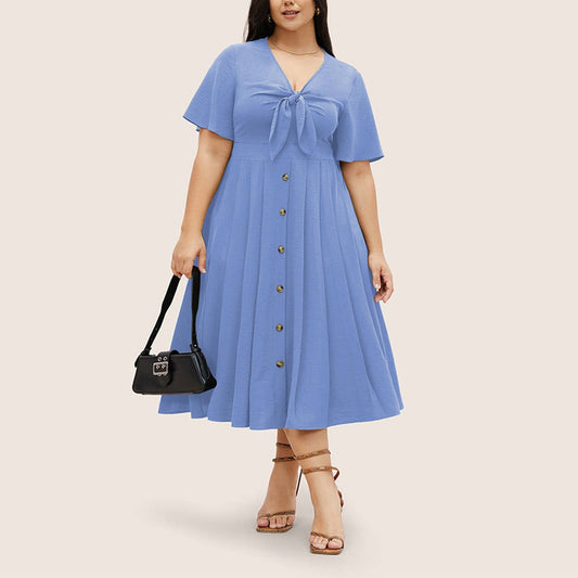 Waist Cinched V-Neck Maxi Dress ? Flowy Hem