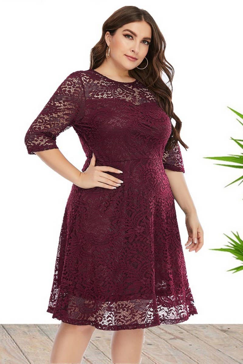 CWDSD5552_PLUS SIZE ROUND NECK LACE MIDI DRESS