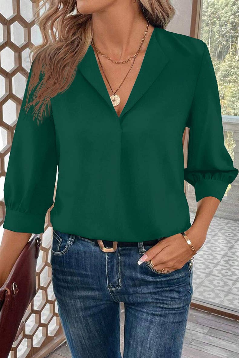 SEVEN-POINT SLEEVE SOLID COLOR V-NECK CHIFFON TOP